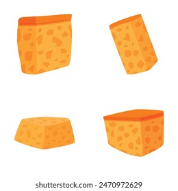 Four different angles of cheddar cheese illustrations, isolated on white