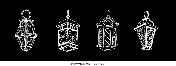 Four different Arabic Lanterns or Fanous Hand drawn sketch. Lanterns Traditional Decoration Fanoos Isolated on Black Background