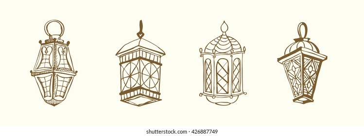 Four different Arabic Lanterns or Fanous Hand drawn ink sketch. Lanterns Traditional Decoration Fanoos Isolated on Light Background