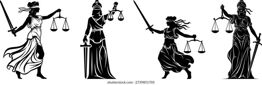 Four different artistic representations of the Goddess of Justice, each holding scales and a sword