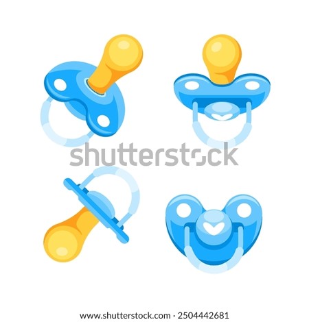 Four different baby pacifiers with blue silicone nipple and yellow handle, lying in various positions