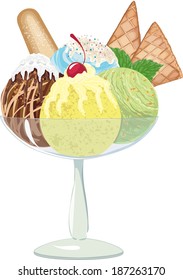 Four different balls of ice cream in a glass vase on white background. EPS8.