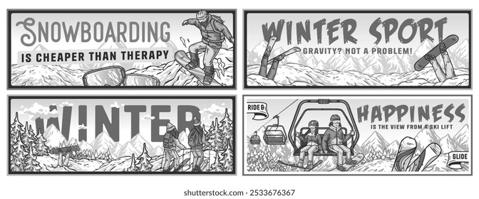 Four different banners showing people snowboarding, skiing and riding a ski lift in the mountains. Winter poster or sign for winter sport