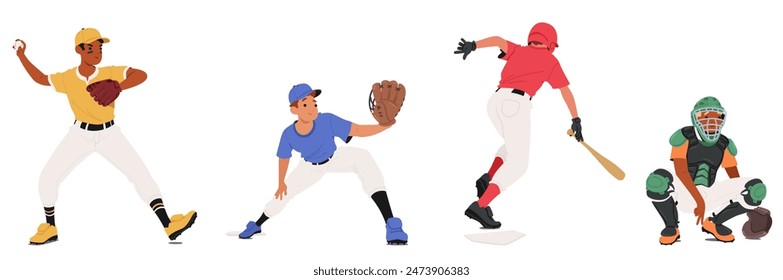 Four Different Baseball Players In Various Action Poses, Including A Pitcher, Catcher, Batter, And Infielder. Vector Concept For Sports-themed Designs, Educational Materials, And Promoting Team Spirit