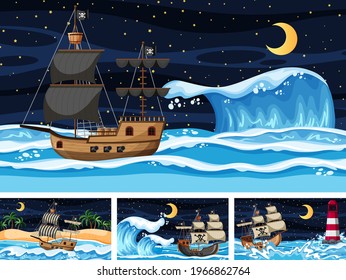 Four different beach scenes with pirate ship illustration