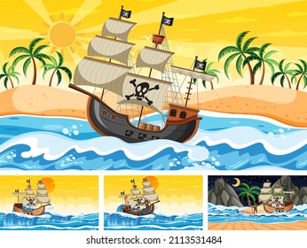 Four different beach scenes with pirate ship illustration