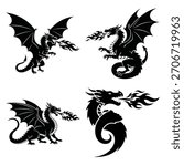 Four different black dragon silhouettes breathing fire are displayed on a white background in a vector format