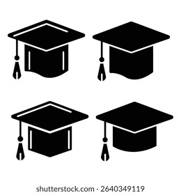 Four different black graduation cap icons on white background.