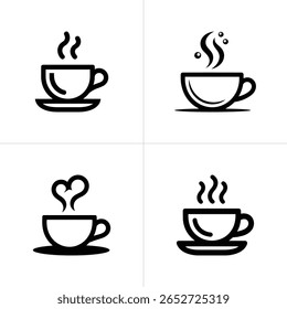 Four different black icons of hot mugs with steam, bubbles, or a heart on transparent background. Each icon represents a warm, comforting beverage moment.