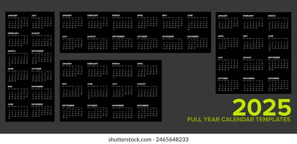 Four different black layouts of full 2025 calendar templates ready to print on your products. Simple minimalistic 2025 calendar layouts design templates.