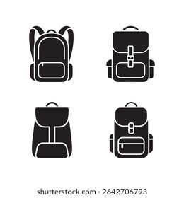 Four different black rucksack vector icons sit on a white background. The various shapes of the backpacks each use simple shapes and thick lines to convey style.