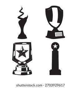 Four Different Black Trophy and Award Silhouettes on White Background Keywords: trophy, award, silhouette, shield, star, cup, achievement, victory