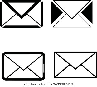 Quatro diferentes ícones de envelope preto e branco. Ilustração vetorial de símbolos de e-mail, correio, carta e mensagens para design gráfico e Web.