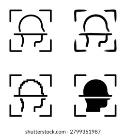 Four different black and white human head icons in corner frames