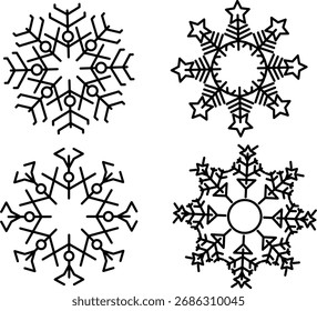 Four different black and white snowflake designs, each with unique shapes and patterns, presented on a white background.