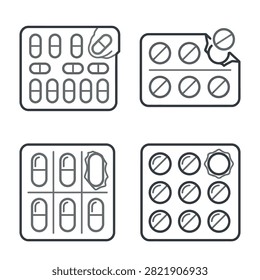 Four different blister packs containing pills and capsules, presented as line art icons.