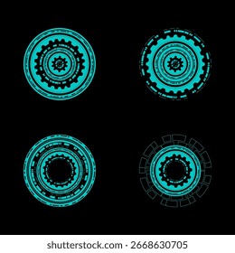 Four different blue circles with a black background. The circles are all different sizes and shapes