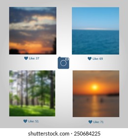 Four different blurred photos with likes and camera icon. Can be used for background etc