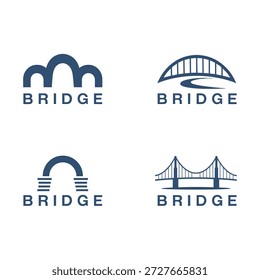 Cuatro logotipos de puente diferentes con la palabra puente varios diseños arquitectónicos icono