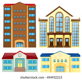 Cuatro ilustraciones de diseño de edificios diferentes