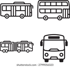 Four different bus icons including a singledecker doubledecker articulated and frontview bus isolated on transparent background