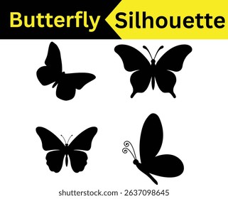 Four Different Butterfly Silhouettes in Black, Ideal for Design Projects