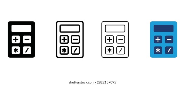 Four different calculator icons in black white and blue on a white background for business and finance concepts calculators for math and computation