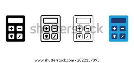 Four different calculator icons in black white and blue on a white background for business and finance concepts calculators for math and computation