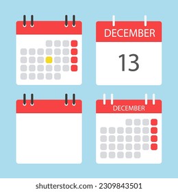 Four different calendar icons. December calendar. Calendar to tear off every day. Vector illustration in flat style. Isolated on a light blue background.