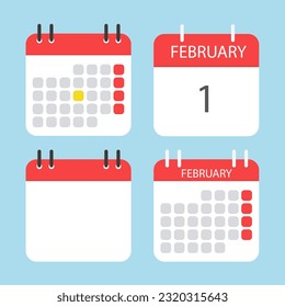 Four different calendar icons. February calendar. Calendar to tear off every day. Vector illustration in flat style. Isolated on a light blue background.