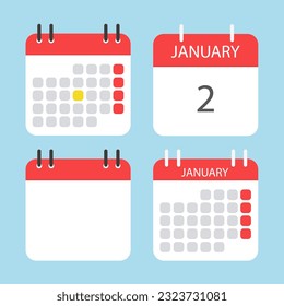 Four different calendar icons. January calendar. Calendar to tear off every day. Vector illustration in flat style. Isolated on a light blue background.