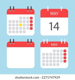 Four different calendar icons. May calendar. Calendar to tear off every day. Vector illustration in flat style. Isolated on a light blue background.