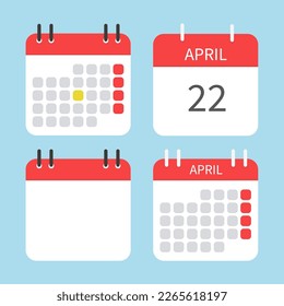Four different calendar icons. Calendar to tear off every day. Vector illustration in flat style. Isolated on a light blue background.