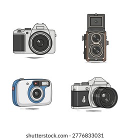 Four different cameras are shown on a white background, including digital, twin lens, instant, and SLR models with lenses and viewfinders.