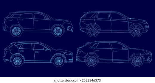 Four different car designs are shown in a blue color. The cars are all different shapes and sizes, with one being a hatchback and the others being SUVs