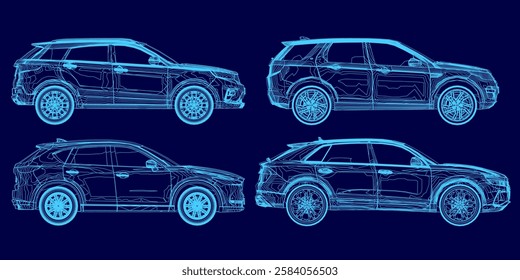 Four different cars are shown in a blue background. The cars are all different sizes and styles, but they all have a similar design. Scene is one of modernity and sophistication, as the cars are sleek