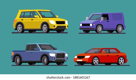 four different cars van, pickup, sedan, SUV