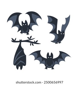 Four different cartoon bats with big eyes flapping their wings and hanging from a branch.