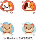 Four different cartoon cat faces, each with a distinct color pattern, are displayed against colorful backgrounds.  The cats are depicted in a friendly, adorable style,