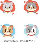 Four different cartoon cat faces arranged in a repeating pattern, set against a plain white background. Each cat face is positioned within a colorful shape, and they are all wearing red collars.