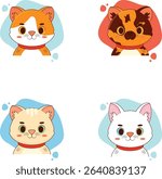 Four different cartoon cat faces, each in a unique color scheme, are arranged in a seamless repeating pattern.  They have a friendly and childlike aesthetic.