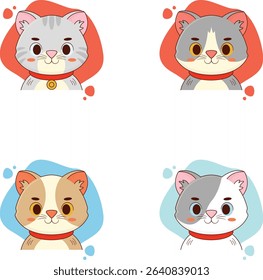 Four different cartoon cat faces arranged in a repeating pattern, set against a plain white background. Each cat face is positioned within a colorful shape, and they are all wearing red collars.