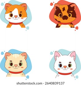 Four different cartoon cat faces, each in a unique color scheme, are arranged in a seamless repeating pattern.  They have a friendly and childlike aesthetic.