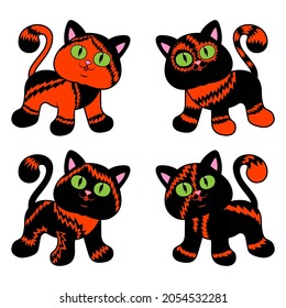Four different cartoon cats for Halloween in black and orange colors isolated on white background, image of pets