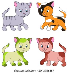 Four different cartoon cats isolated on white background, color image of pets