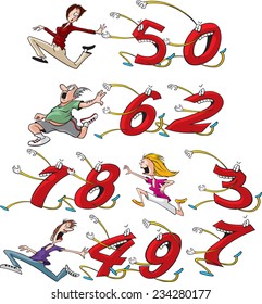 Four different cartoon characters running from, or chasing their birthday age. (Example: first row shows woman running from 50). Build your own birthday card. Layered Vector file available.