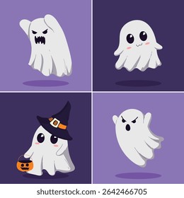 Four different cartoon ghosts in various poses and with different expressions. The ghosts are cute and whimsical, suitable for Halloween or a similar theme