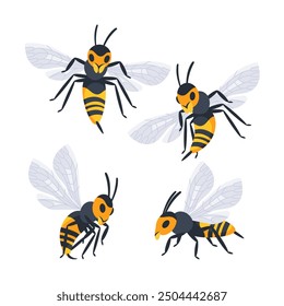 Four different cartoon style wasps flying and crawling with spread wings in different positions