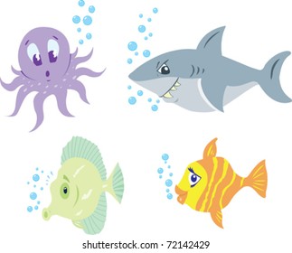 Four different cartoons of cute, funny fish.