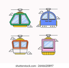Four different cartoon-style cable cars in varied shapes and colors, surrounded by fluffy clouds in cartoon illustration Ideal for travel, transportation